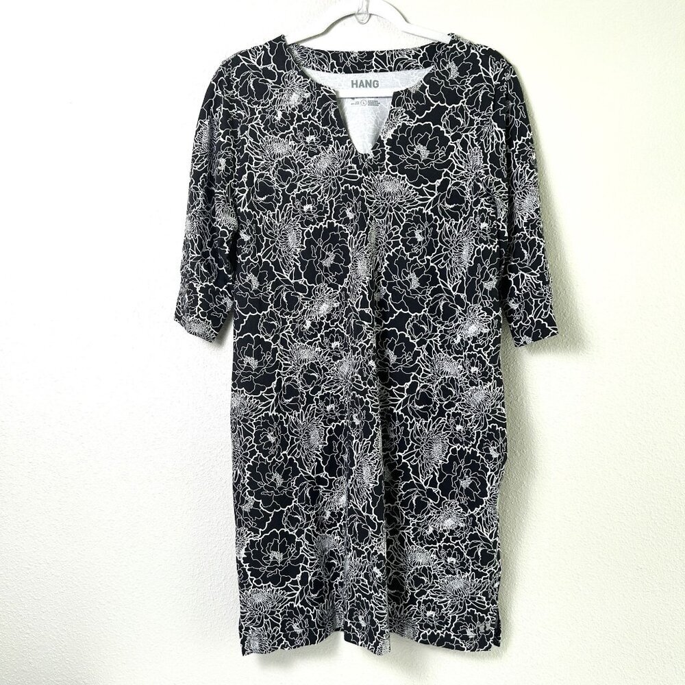 Hang Ten Dress Womens Size L Black White‎ Floral 3/4 Sleeve Pullover Stretch